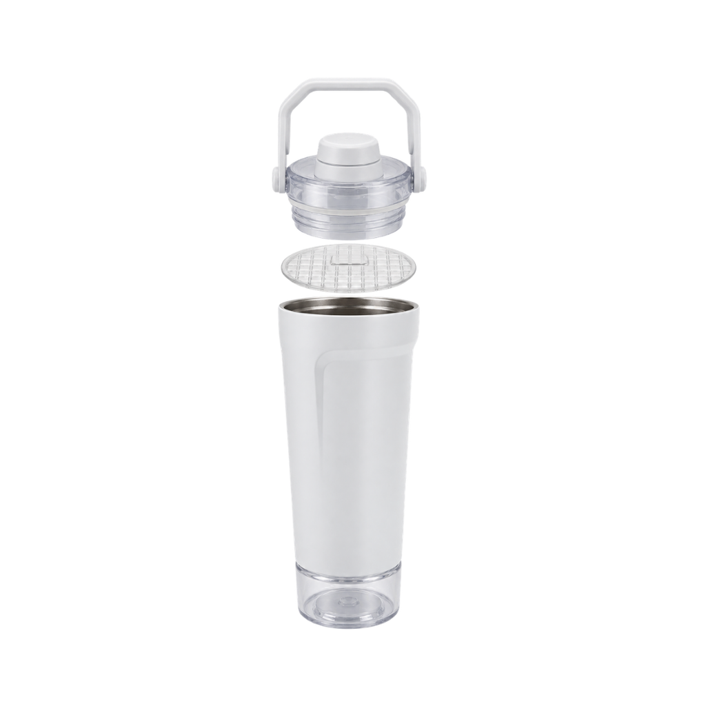 SHAKER, ACERO INOXIDABLE, BLANCO, 600 ml, doble pared 26.3*7.4*6.4cm con compartimiento inferior para proteina, leche en polvo u otros y tapón tipo rosca