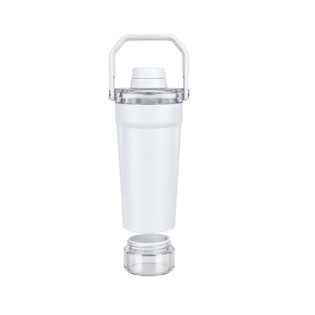 SHAKER, ACERO INOXIDABLE, BLANCO, 600 ml, doble pared 26.3*7.4*6.4cm con compartimiento inferior para proteina, leche en polvo u otros y tapón tipo rosca