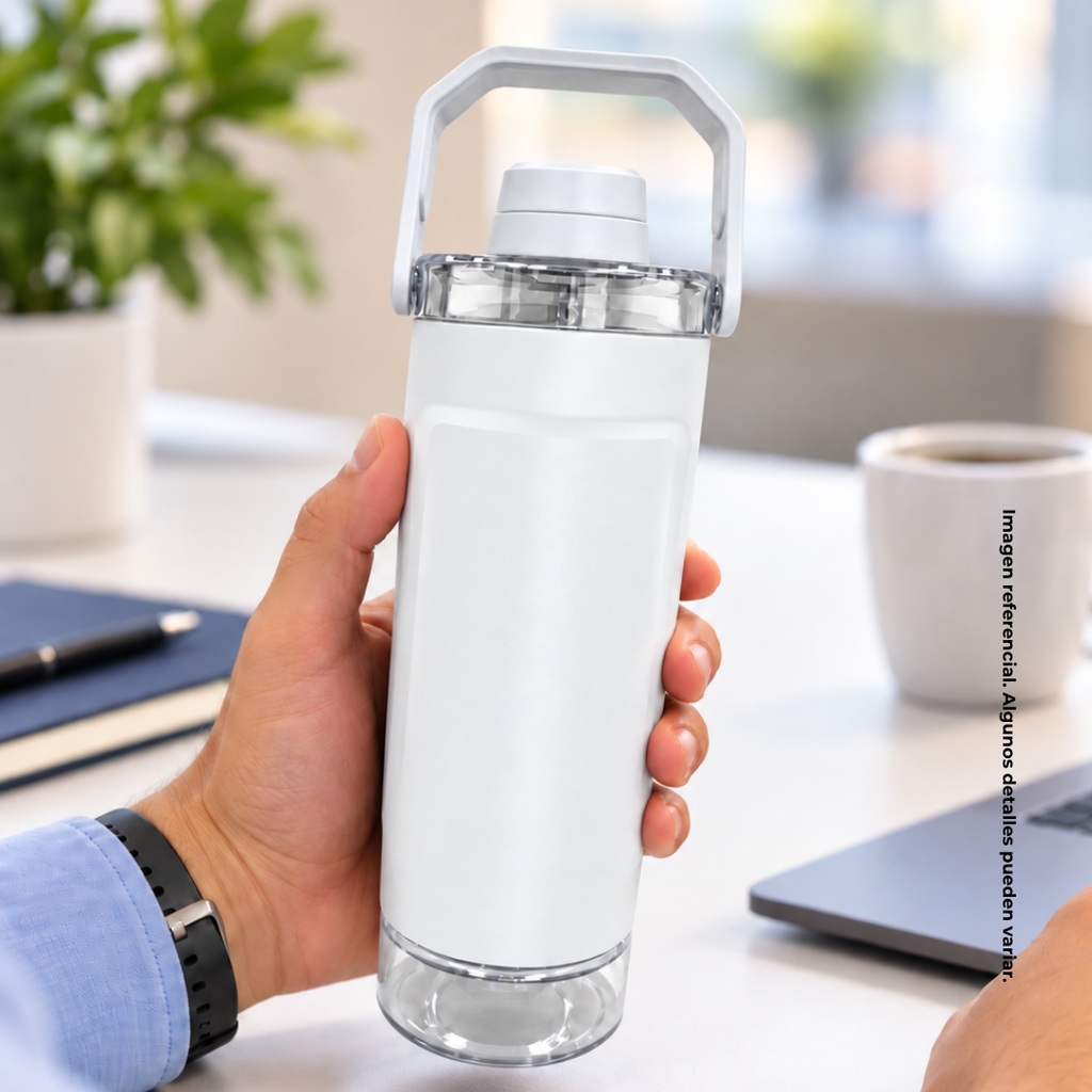 SHAKER, ACERO INOXIDABLE, BLANCO, 600 ml, doble pared 26.3*7.4*6.4cm con compartimiento inferior para proteina, leche en polvo u otros y tapón tipo rosca