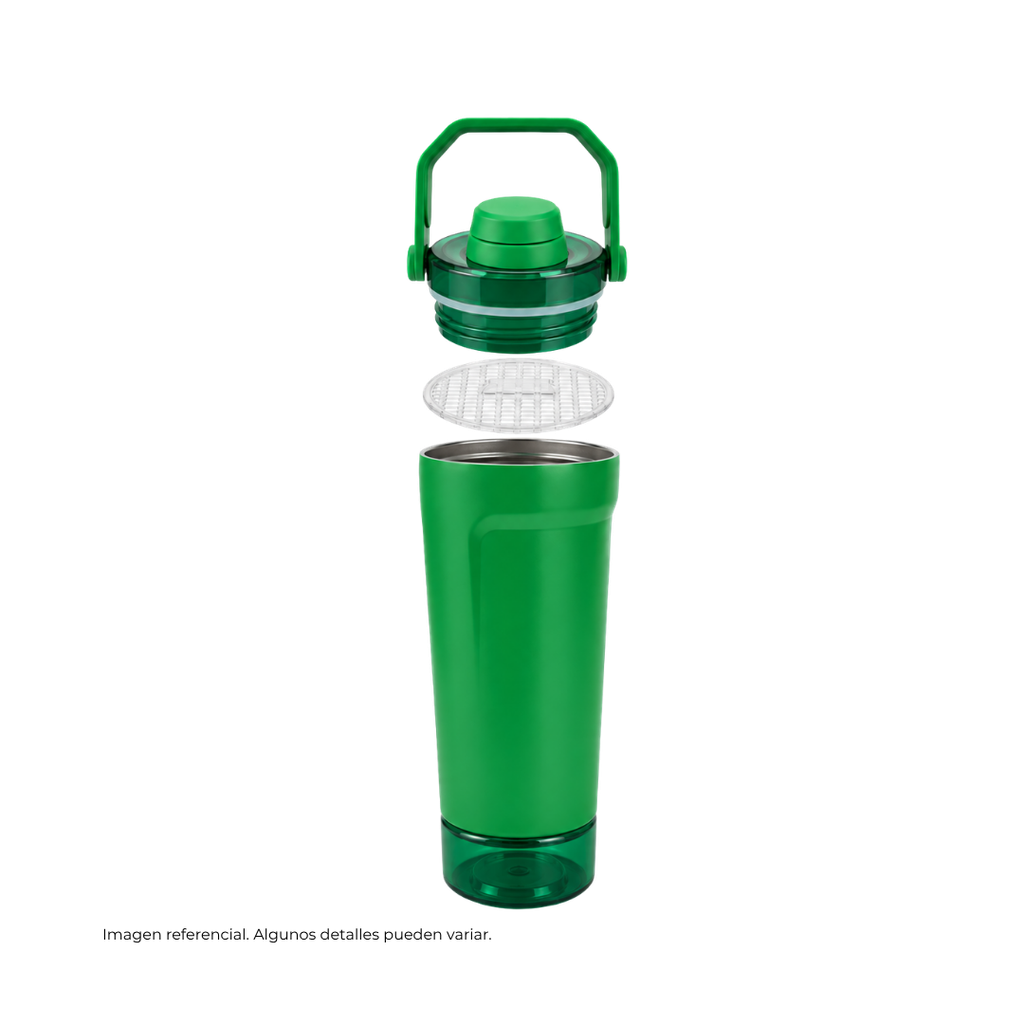 SHAKER, ACERO INOXIDABLE, VERDE, 600 ml, doble pared 26.3*7.4*6.4cm con compartimiento inferior para proteina, leche en polvo u otros y tapón tipo rosca