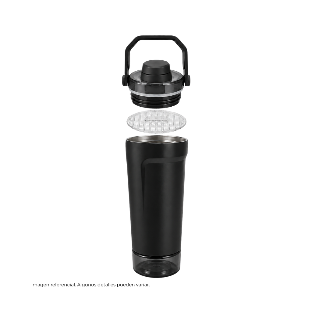 SHAKER, ACERO INOXIDABLE, NEGRO, 600 ml, doble pared 26.3*7.4*6.4cm con compartimiento inferior para proteina, leche en polvo u otros y tapón tipo rosca