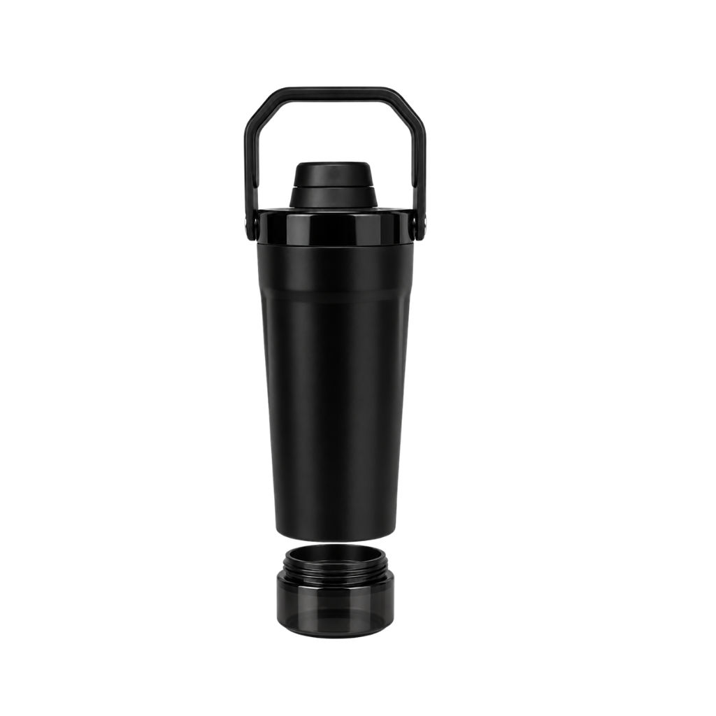 SHAKER, ACERO INOXIDABLE, NEGRO, 600 ml, doble pared 26.3*7.4*6.4cm con compartimiento inferior para proteina, leche en polvo u otros y tapón tipo rosca