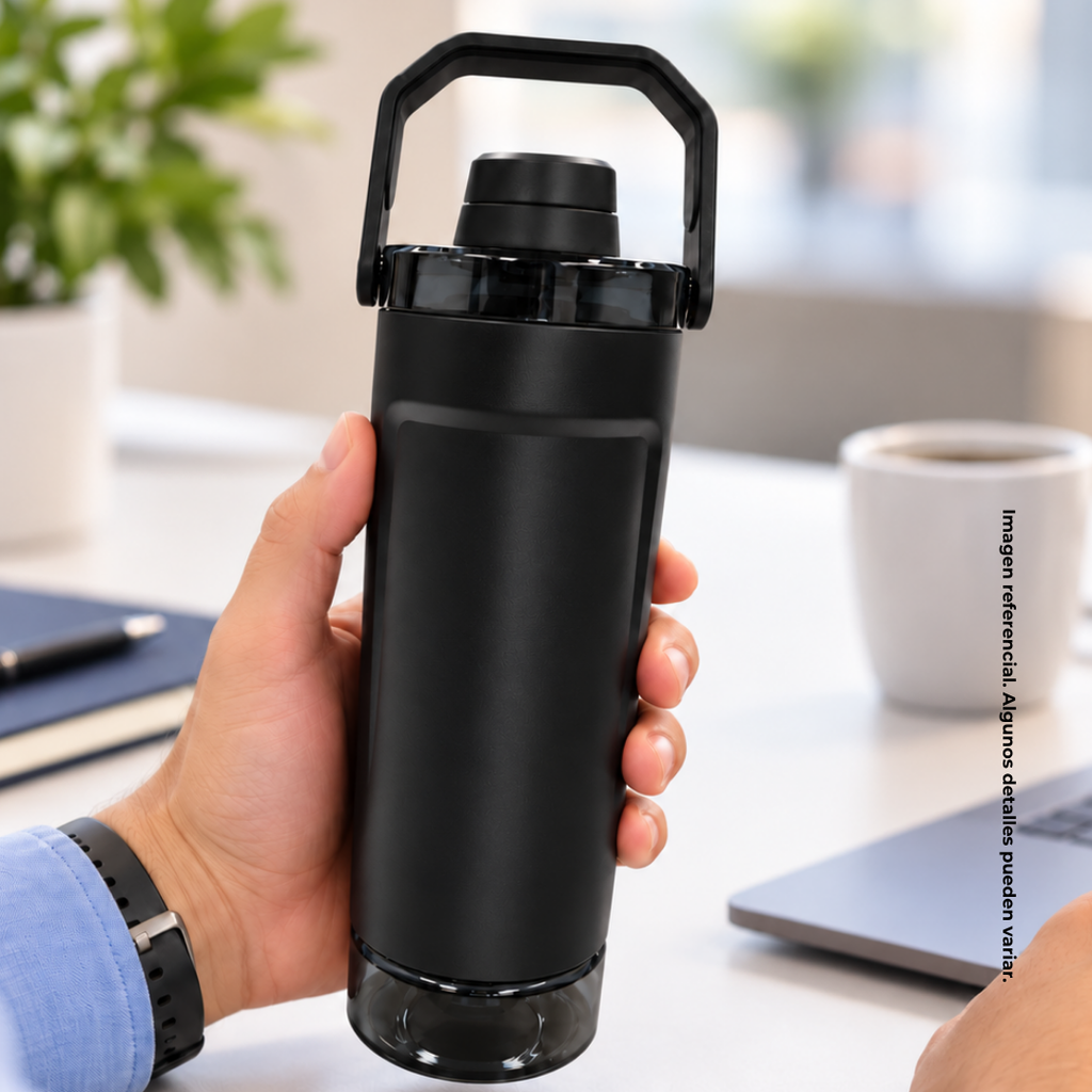 SHAKER, ACERO INOXIDABLE, NEGRO, 600 ml, doble pared 26.3*7.4*6.4cm con compartimiento inferior para proteina, leche en polvo u otros y tapón tipo rosca