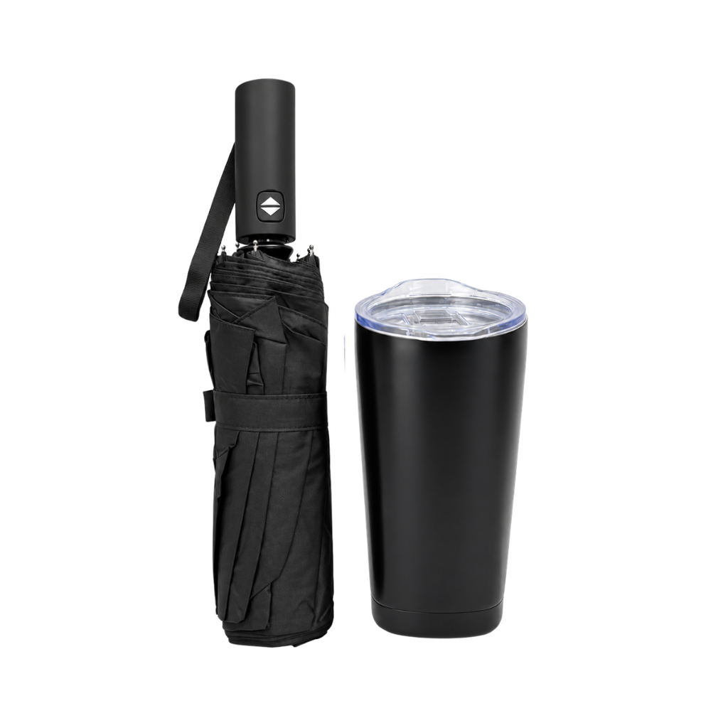 SET EJECUTIVO, ACERO INOXIDABLE, NEGRO, 600 ml, 2 pcs: vaso doble pared Quad y sombrilla automática