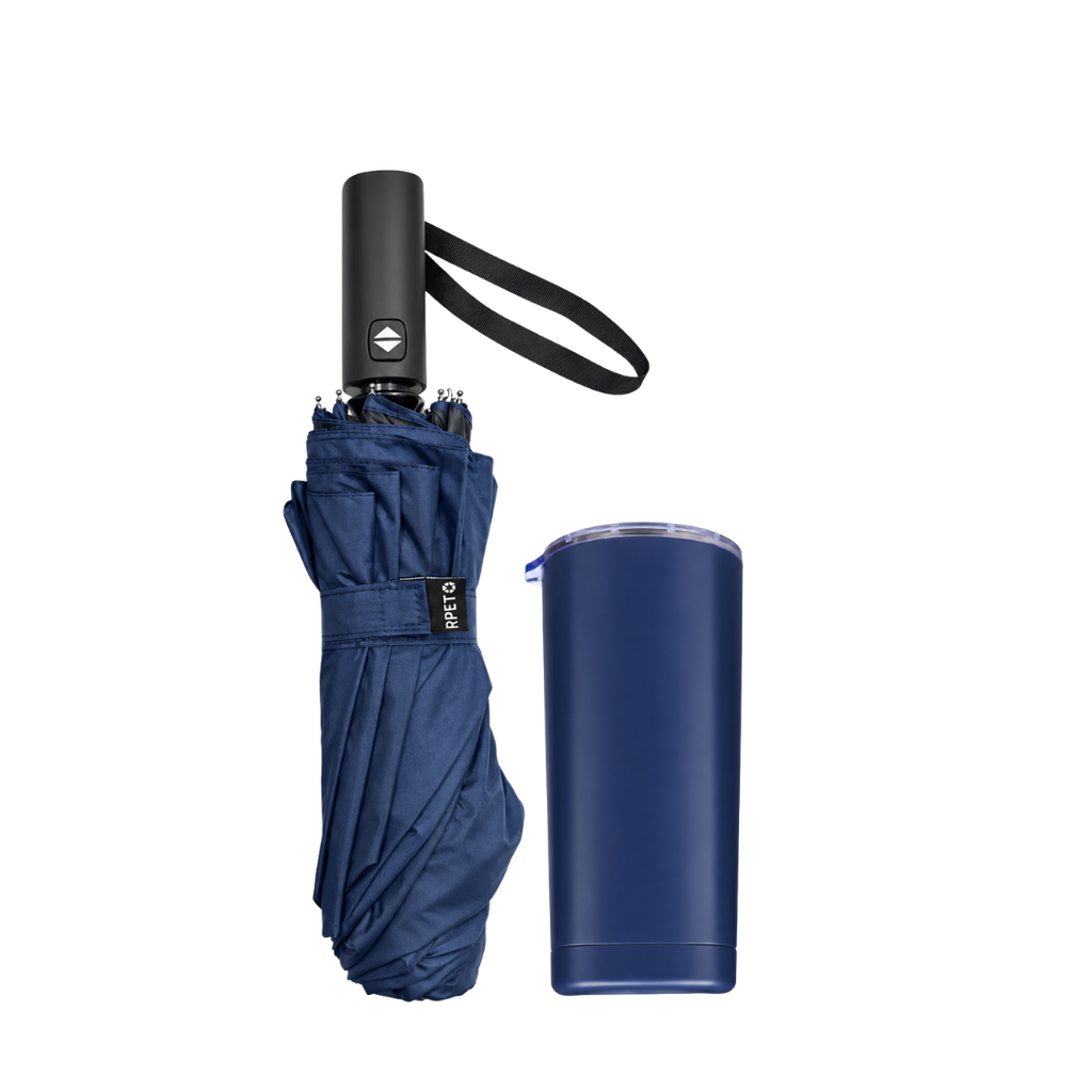 SET EJECUTIVO, ACERO INOXIDABLE, AZUL OSCURO, 600 ml, 2 pcs: vaso doble pared Quad y sombrilla automática