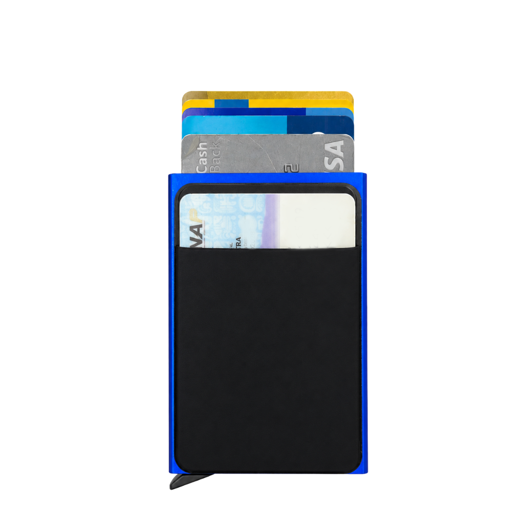 TARJETERO, METAL, AZUL, 9.5*6.5*0.8 cm, automático con portatarjetas