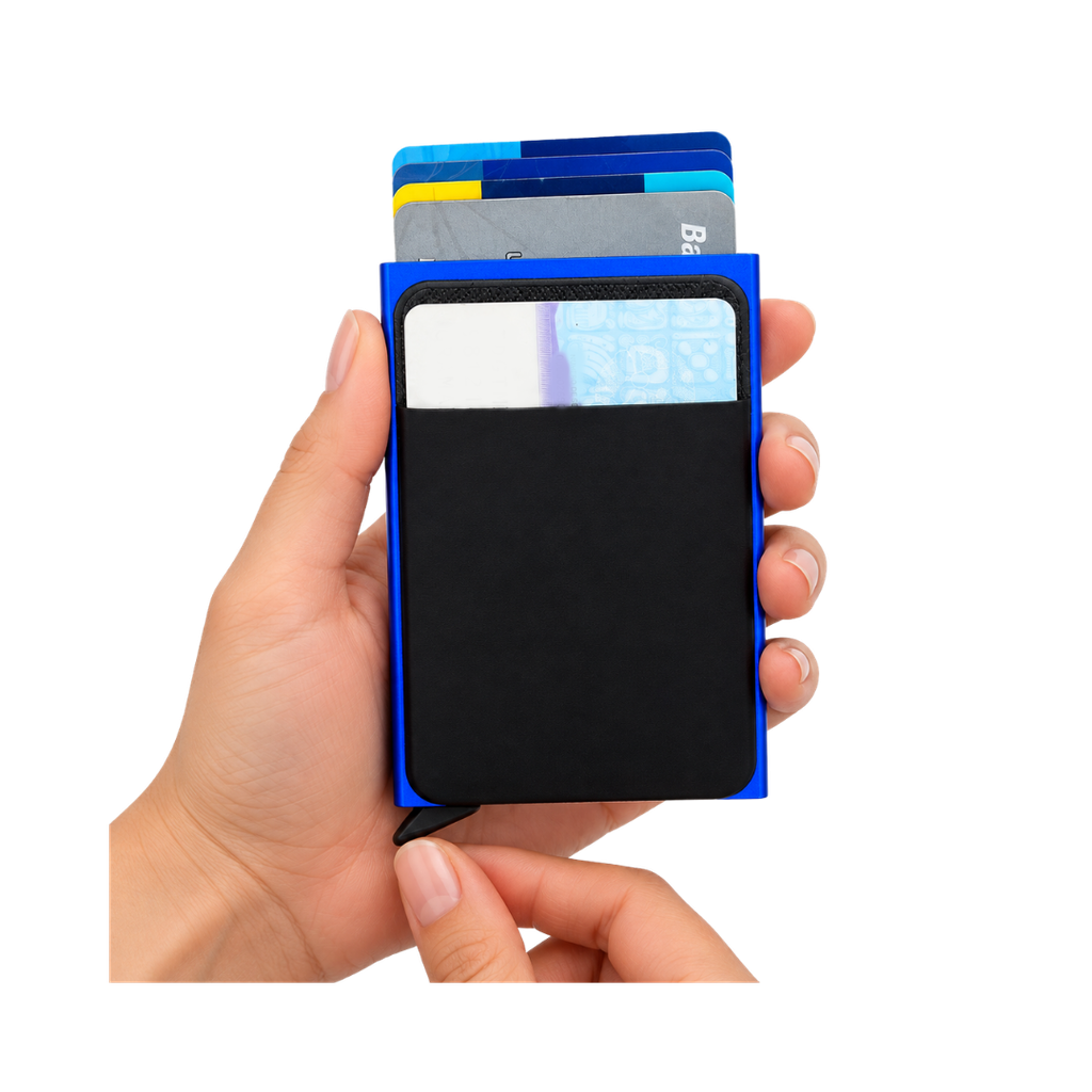 TARJETERO, METAL, AZUL, 9.5*6.5*0.8 cm, automático con portatarjetas
