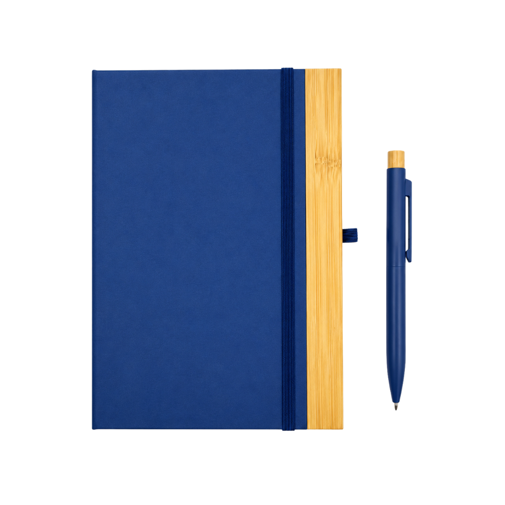 LIBRETA, CARTÓN, AZUL OSCURO, 14,8 x 21 cm, con orilla de bambú y lapicero de acero inoxidable en caja negra de regalo