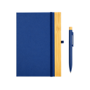 LIBRETA, CARTÓN, AZUL OSCURO, 14,8 x 21 cm, con orilla de bambú y lapicero de acero inoxidable en caja negra de regalo