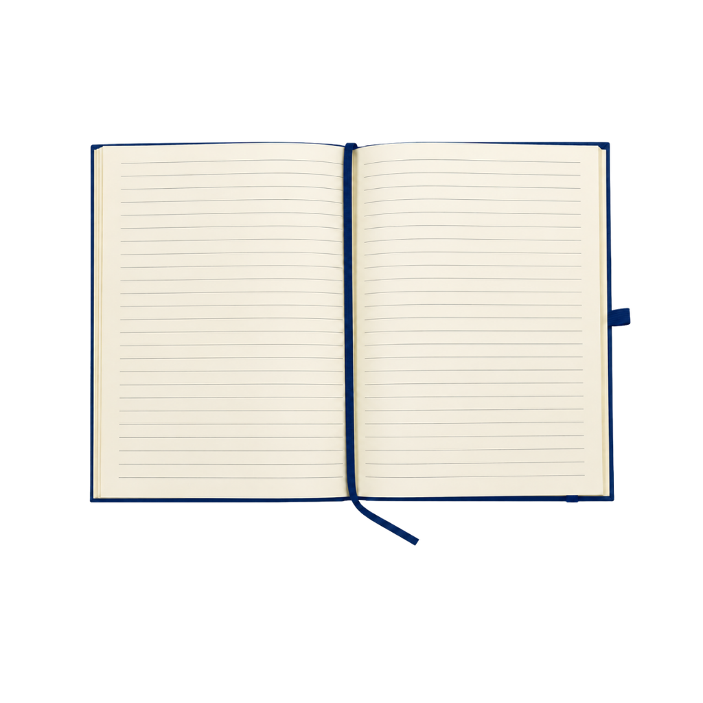 LIBRETA, CARTÓN, AZUL OSCURO, 14,8 x 21 cm, con orilla de bambú y lapicero de acero inoxidable en caja negra de regalo