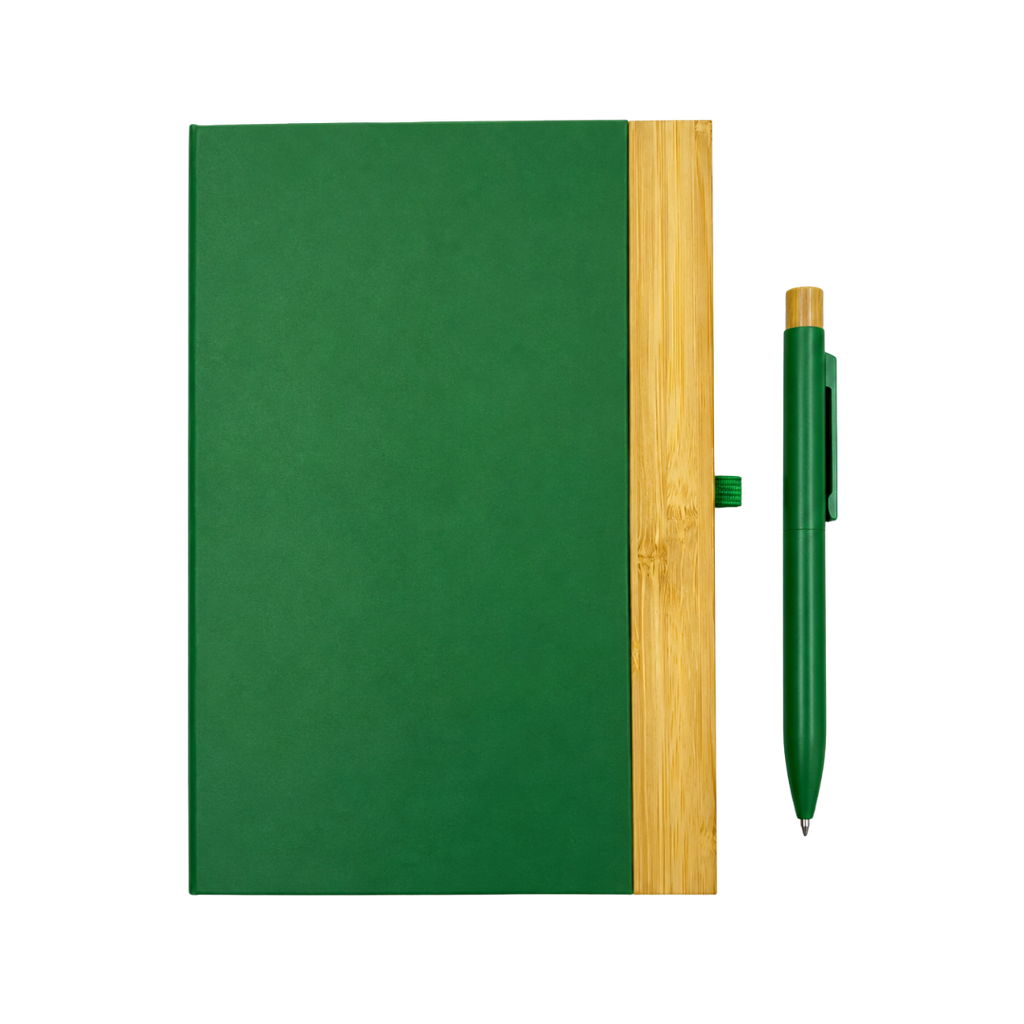 LIBRETA, CARTÓN, VERDE, 14,8 x 21 cm, con orilla de bambú y lapicero de acero inoxidable en caja negra de regalo
