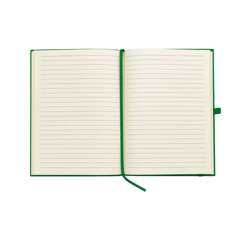 LIBRETA, CARTÓN, VERDE, 14,8 x 21 cm, con orilla de bambú y lapicero de acero inoxidable en caja negra de regalo