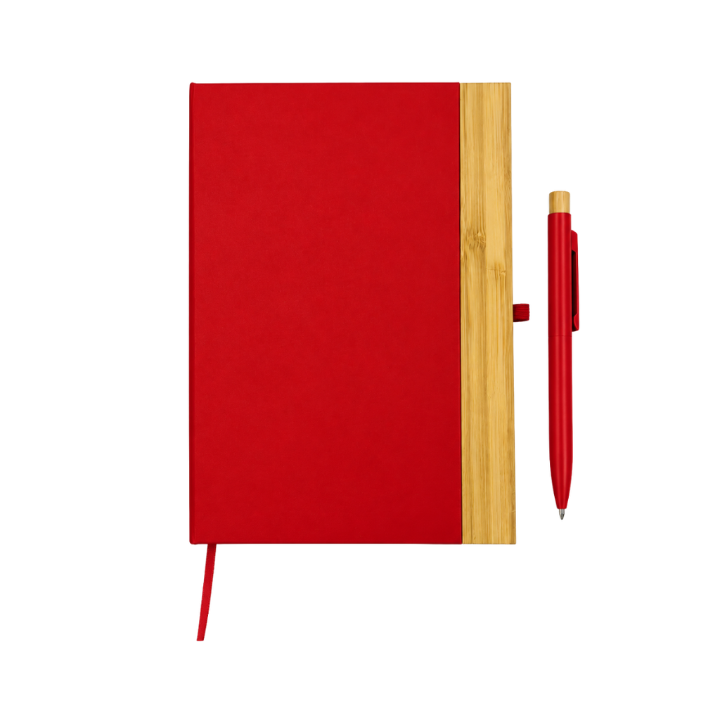 LIBRETA, CARTÓN, ROJO, 14,8 x 21 cm, con orilla de bambú y lapicero de acero inoxidable en caja negra de regalo