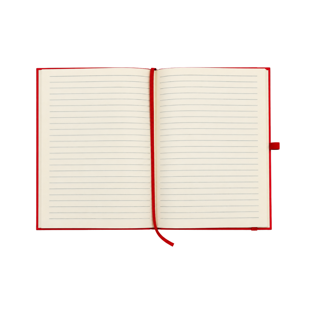LIBRETA, CARTÓN, ROJO, 14,8 x 21 cm, con orilla de bambú y lapicero de acero inoxidable en caja negra de regalo