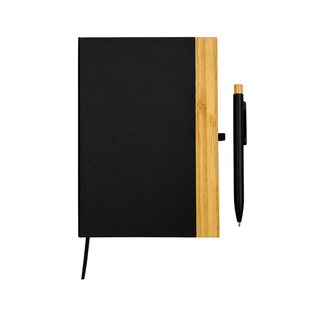 LIBRETA, CARTÓN, NEGRO, 14,8 x 21 cm, con orilla de bambú y lapicero de acero inoxidable en caja negra de regalo