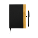 LIBRETA, CARTÓN, NEGRO, 14,8 x 21 cm, con orilla de bambú y lapicero de acero inoxidable en caja negra de regalo