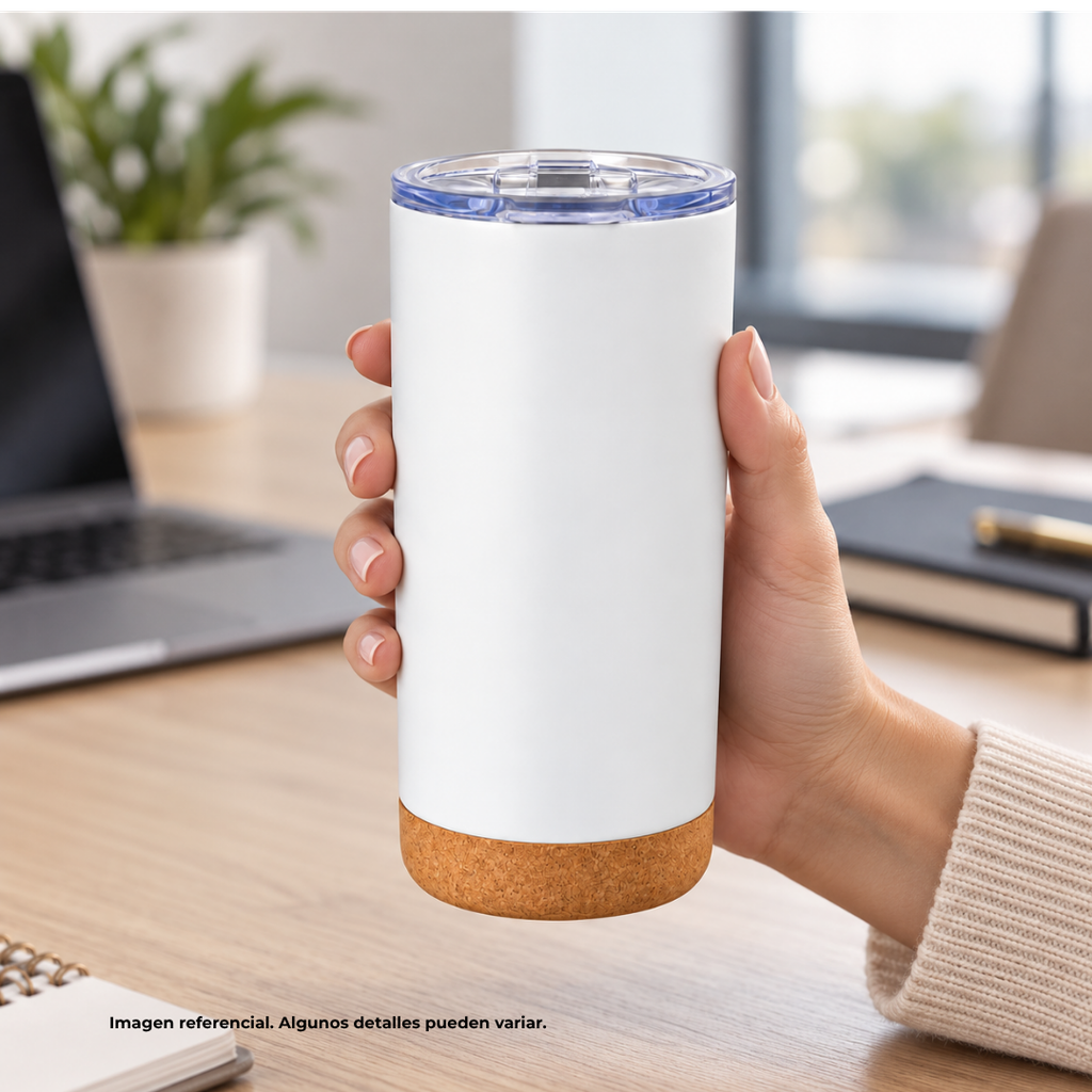 vaso termico, acero inoxidable, blanco mate, 400 ml doble pared , con base de corcho,