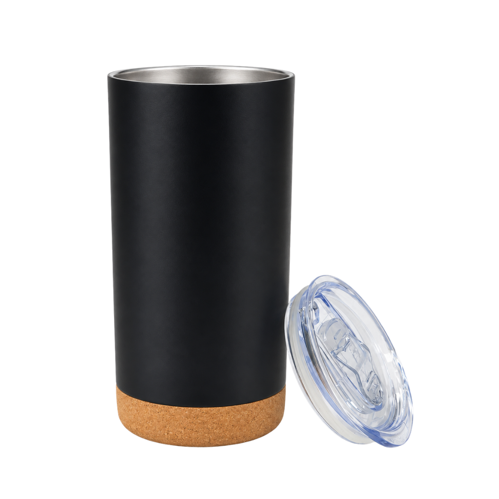 vaso, acero inoxidable, negro mate, 400 ml doble pared , con base de corcho