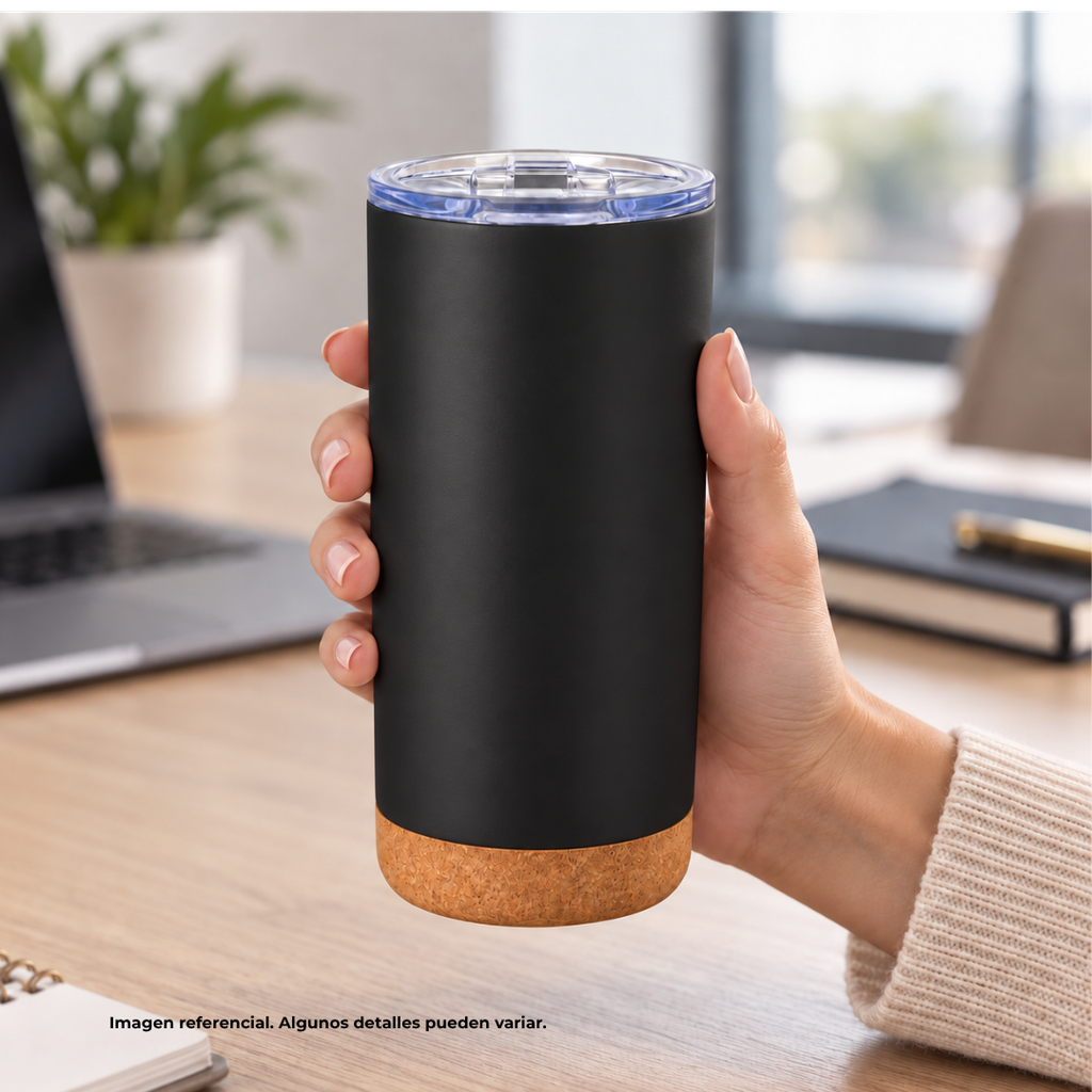 vaso, acero inoxidable, negro mate, 400 ml doble pared , con base de corcho