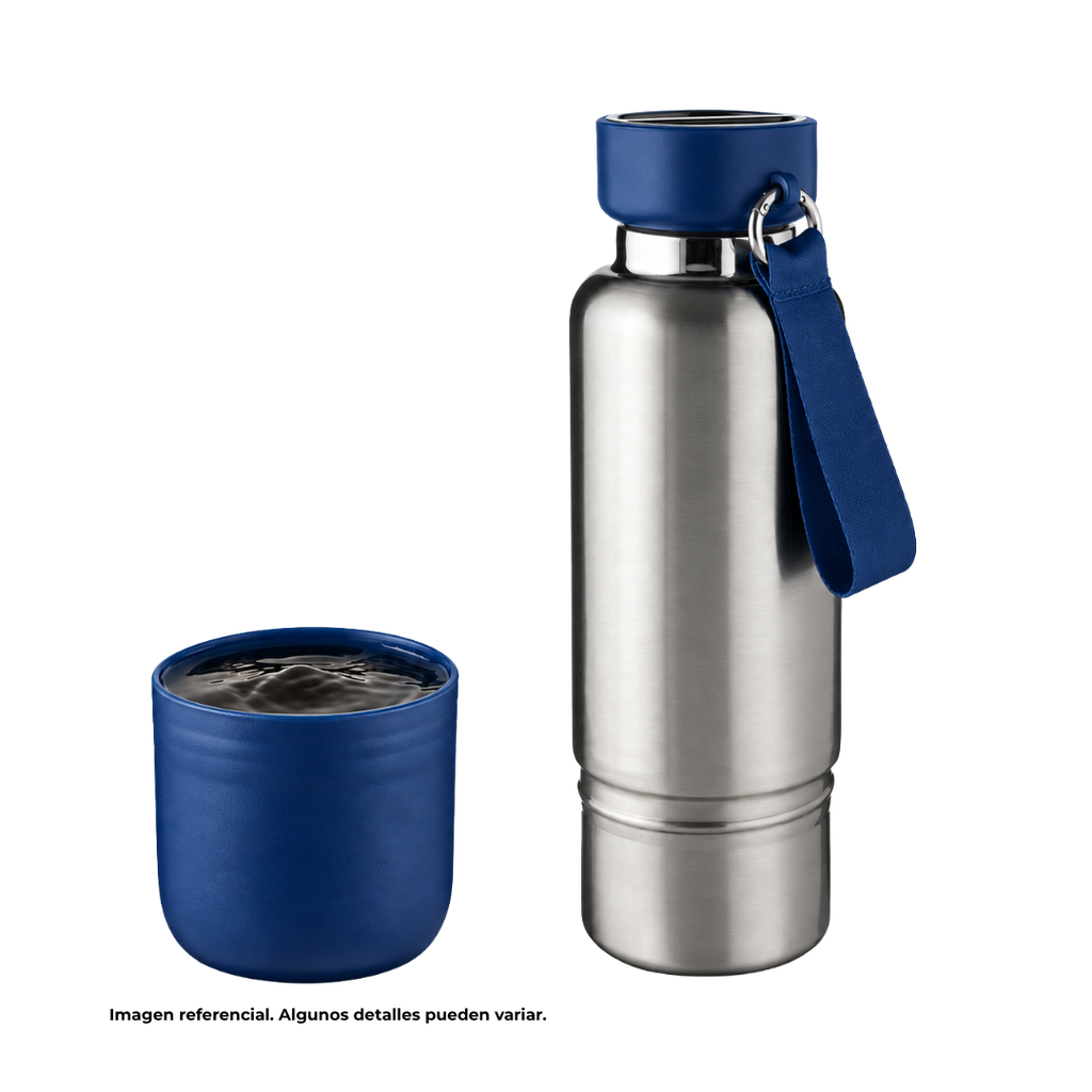 Termo acero inoxidable azul oscuro 500 ml Warrior con pastillero cinta y taza base plástica