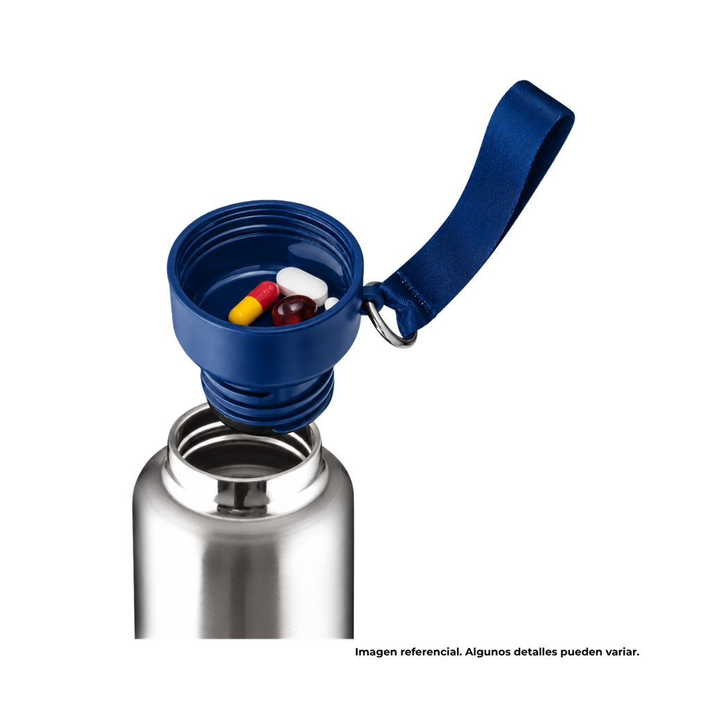 Termo acero inoxidable azul oscuro 500 ml Warrior con pastillero cinta y taza base plástica