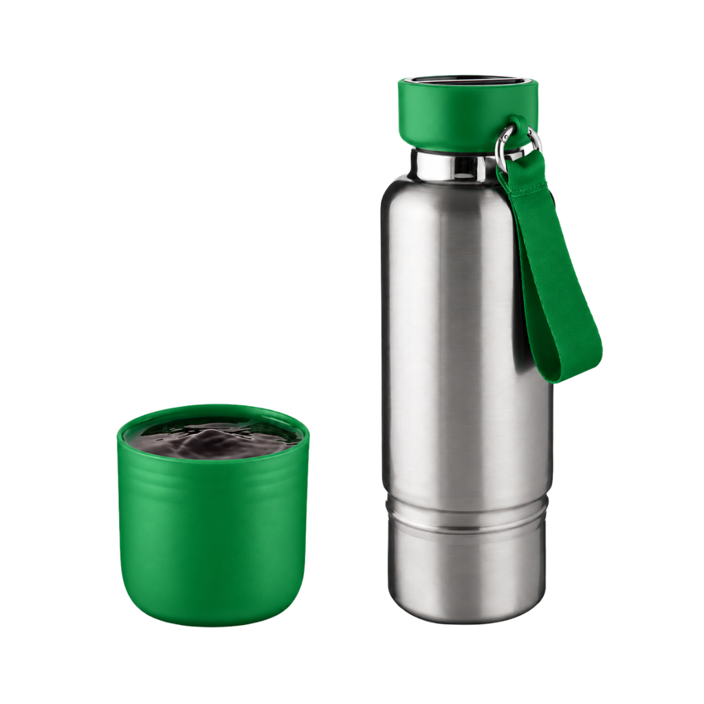 Termo acero inoxidable verde 500 ml Warrior con pastillero cinta y taza base plástica