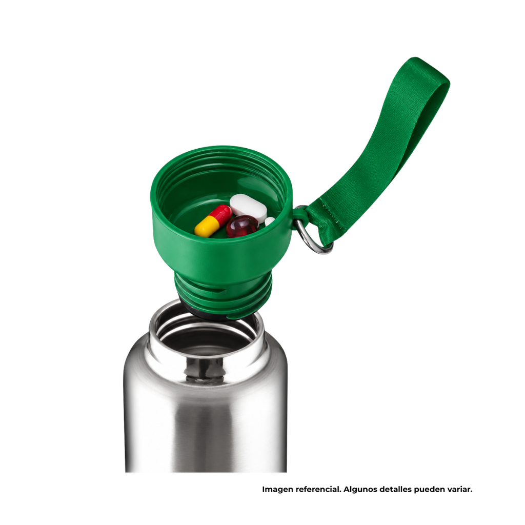 Termo acero inoxidable verde 500 ml Warrior con pastillero cinta y taza base plástica