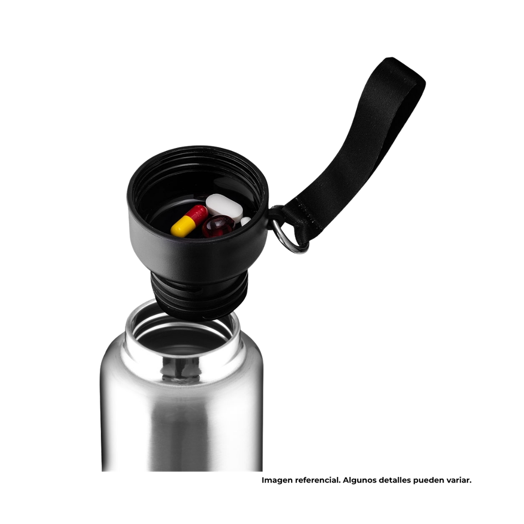 Termo Acero Inoxidable Negro 500 ml warrior con pastillero cinta y taza base plástica