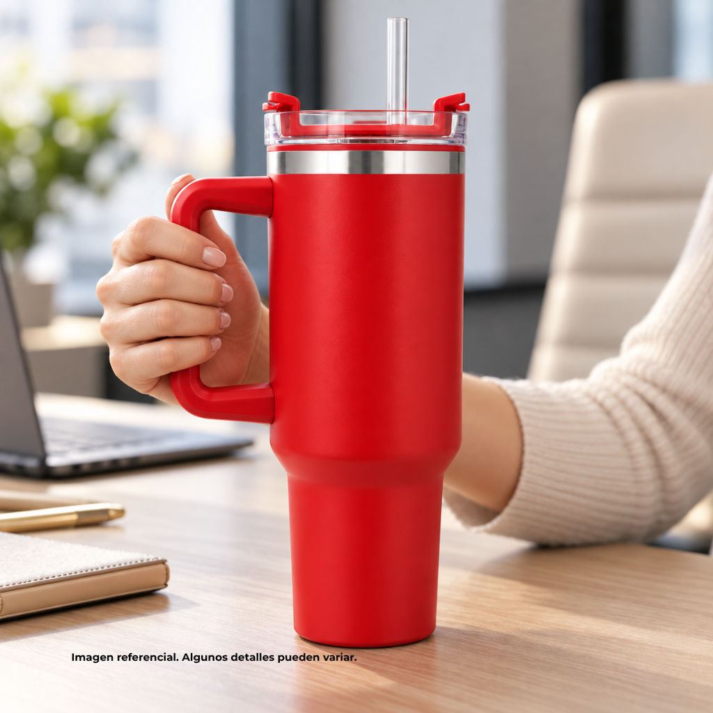 Taza, Acero Inoxidable, rojo mate, 40 oz, Bold doble pared con pajilla