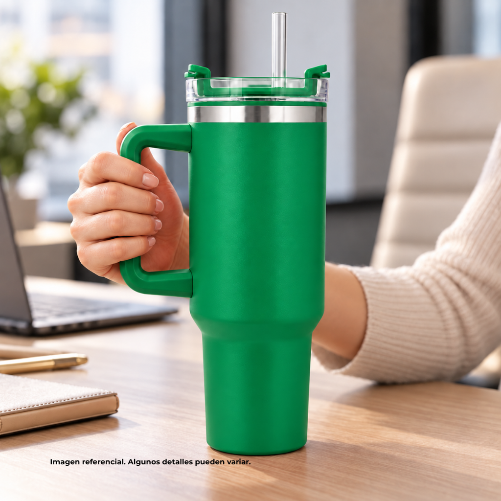 Taza, Acero Inoxidable, verde mate, 40 oz, Bold doble pared con pajilla