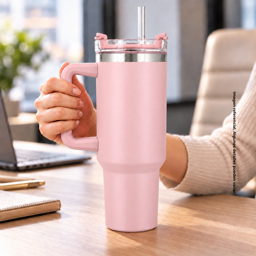 Taza, Acero Inoxidable, rosado mate, 40 Oz Bold doble pared interior plástica, tapa y pajilla