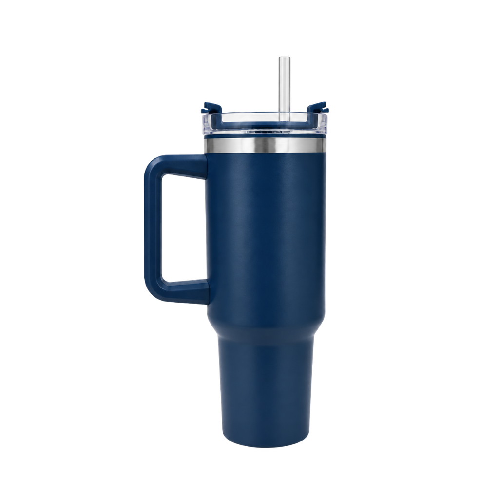 taza, acero inoxidable, azul mate, 40 oz Bold doble pared interior plástica, tapa y pajilla