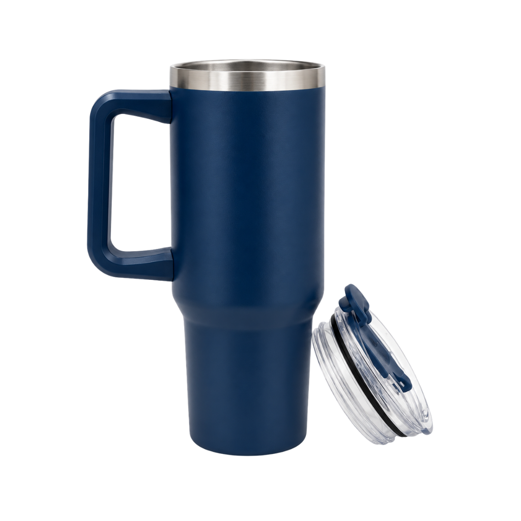 taza, acero inoxidable, azul mate, 40 oz Bold doble pared interior plástica, tapa y pajilla