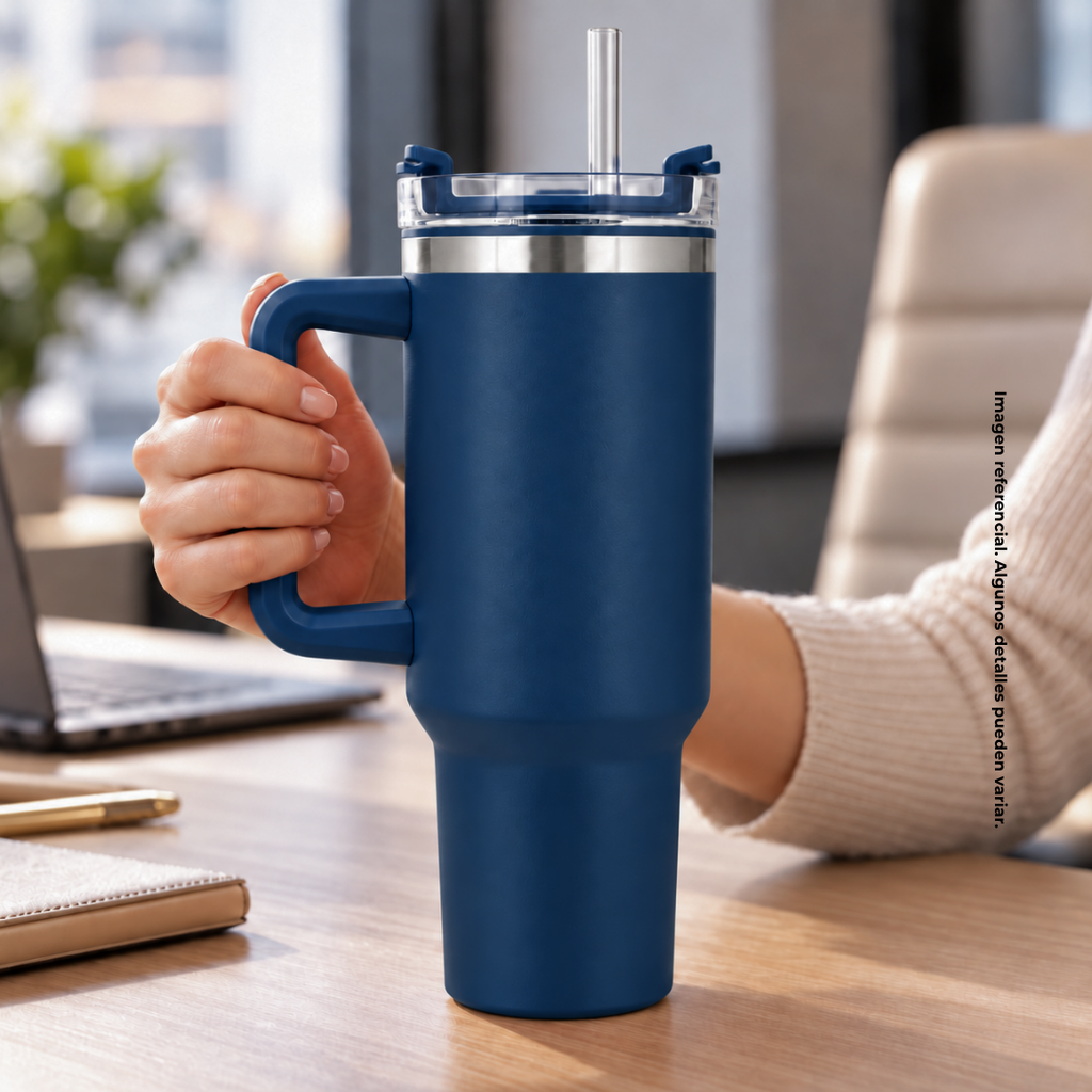taza, acero inoxidable, azul mate, 40 oz Bold doble pared interior plástica, tapa y pajilla
