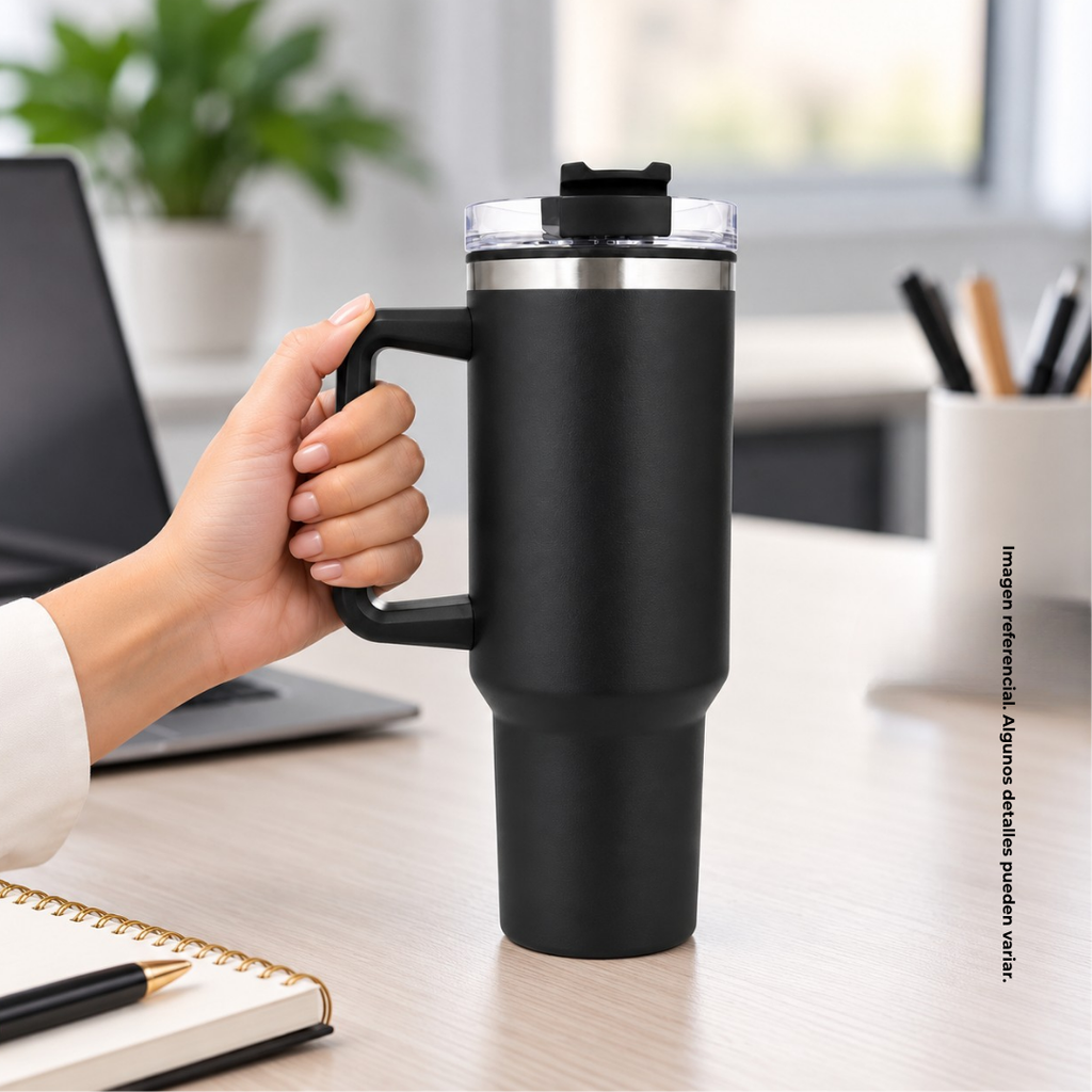 taza, acero inoxidable, negro mate, 40 oz,  Bold doble pared interior plástica, tapa y pajilla