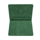 PORTA PASAPORTE, IMITACION CUERO, VERDE, 15*11 cm, con identificador de maletas 11*7 cm en caja negra de regalo