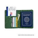 PORTA PASAPORTE, IMITACION CUERO, VERDE, 15*11 cm, con identificador de maletas 11*7 cm en caja negra de regalo