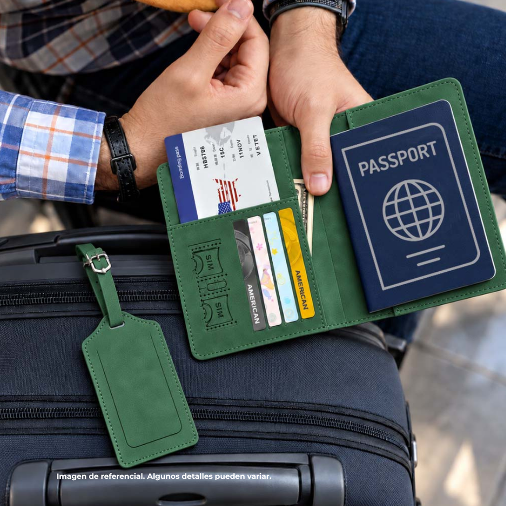 PORTA PASAPORTE, IMITACION CUERO, VERDE, 15*11 cm, con identificador de maletas 11*7 cm en caja negra de regalo