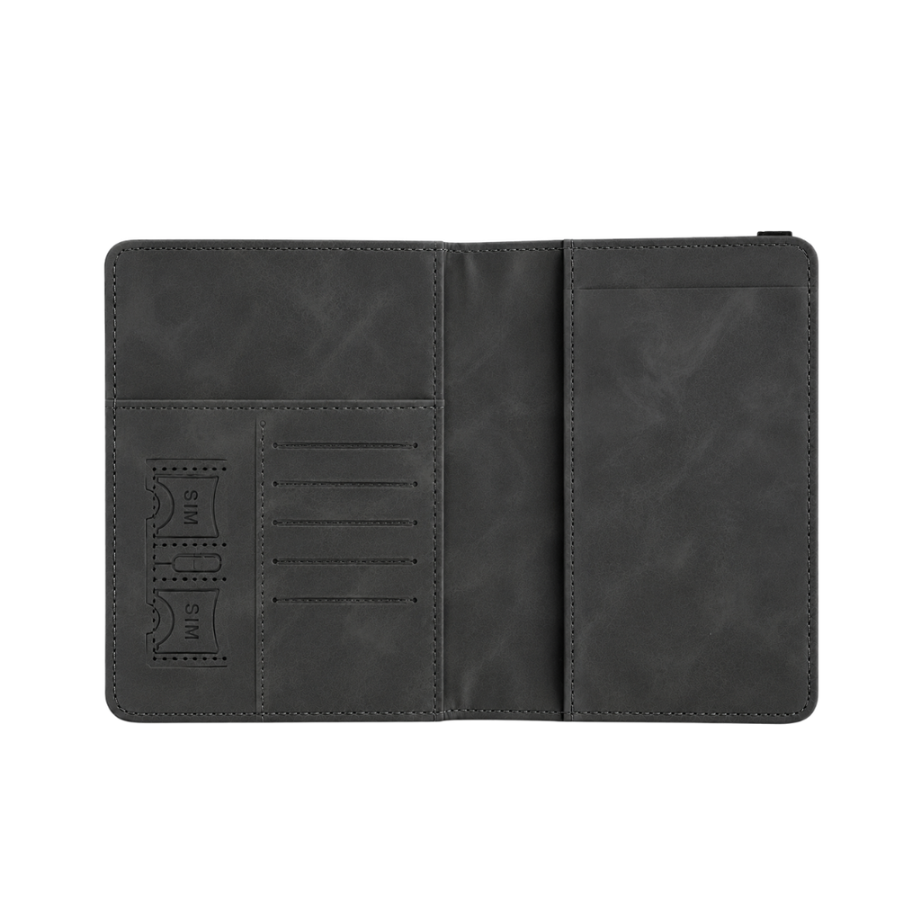 PORTA PASAPORTE, IMITACION CUERO, NEGRO, 15*11 cm, con identificador de maletas 11*7 cm en caja negra de regalo