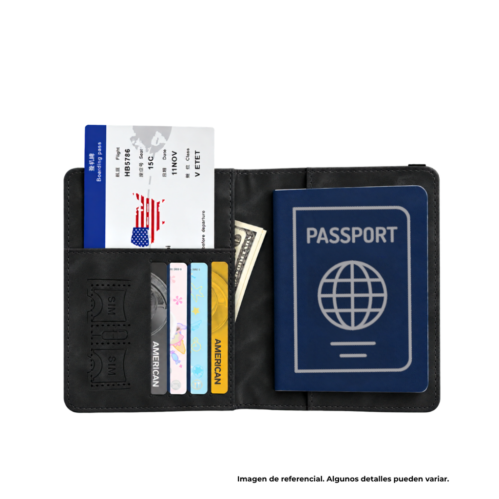 PORTA PASAPORTE, IMITACION CUERO, NEGRO, 15*11 cm, con identificador de maletas 11*7 cm en caja negra de regalo