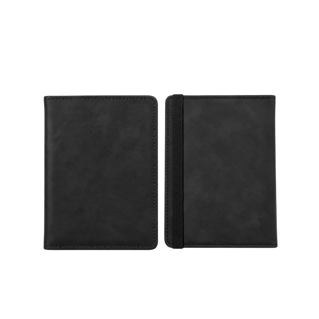 PORTA PASAPORTE, IMITACION CUERO, NEGRO, 15*11 cm, con identificador de maletas 11*7 cm en caja negra de regalo