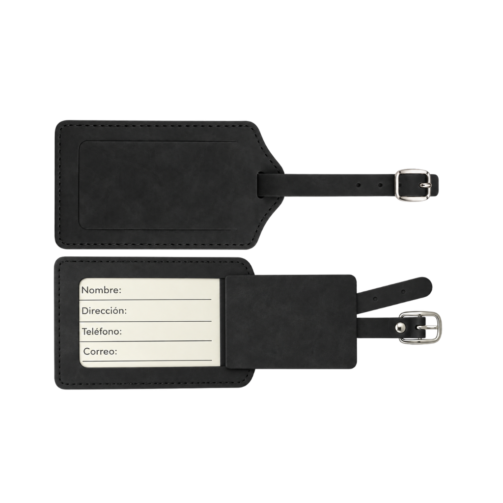 PORTA PASAPORTE, IMITACION CUERO, NEGRO, 15*11 cm, con identificador de maletas 11*7 cm en caja negra de regalo