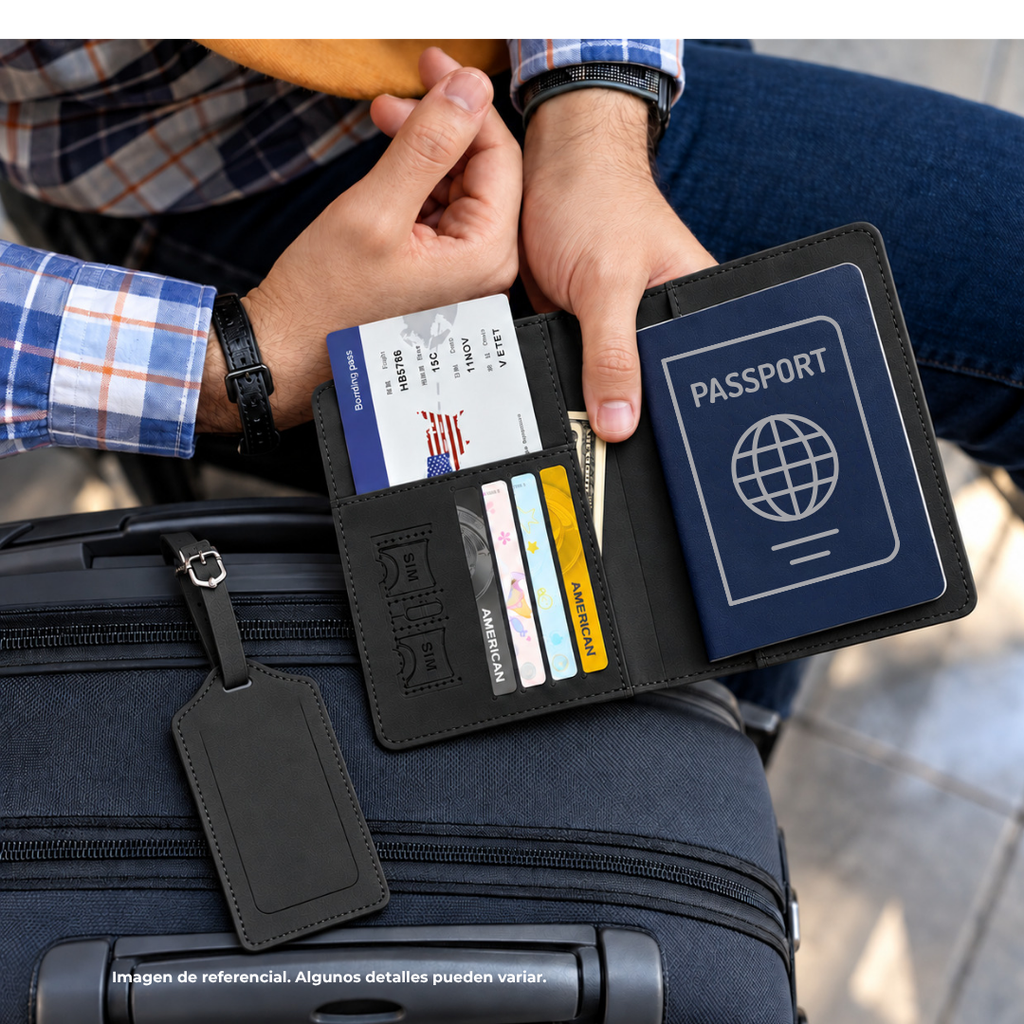 PORTA PASAPORTE, IMITACION CUERO, NEGRO, 15*11 cm, con identificador de maletas 11*7 cm en caja negra de regalo