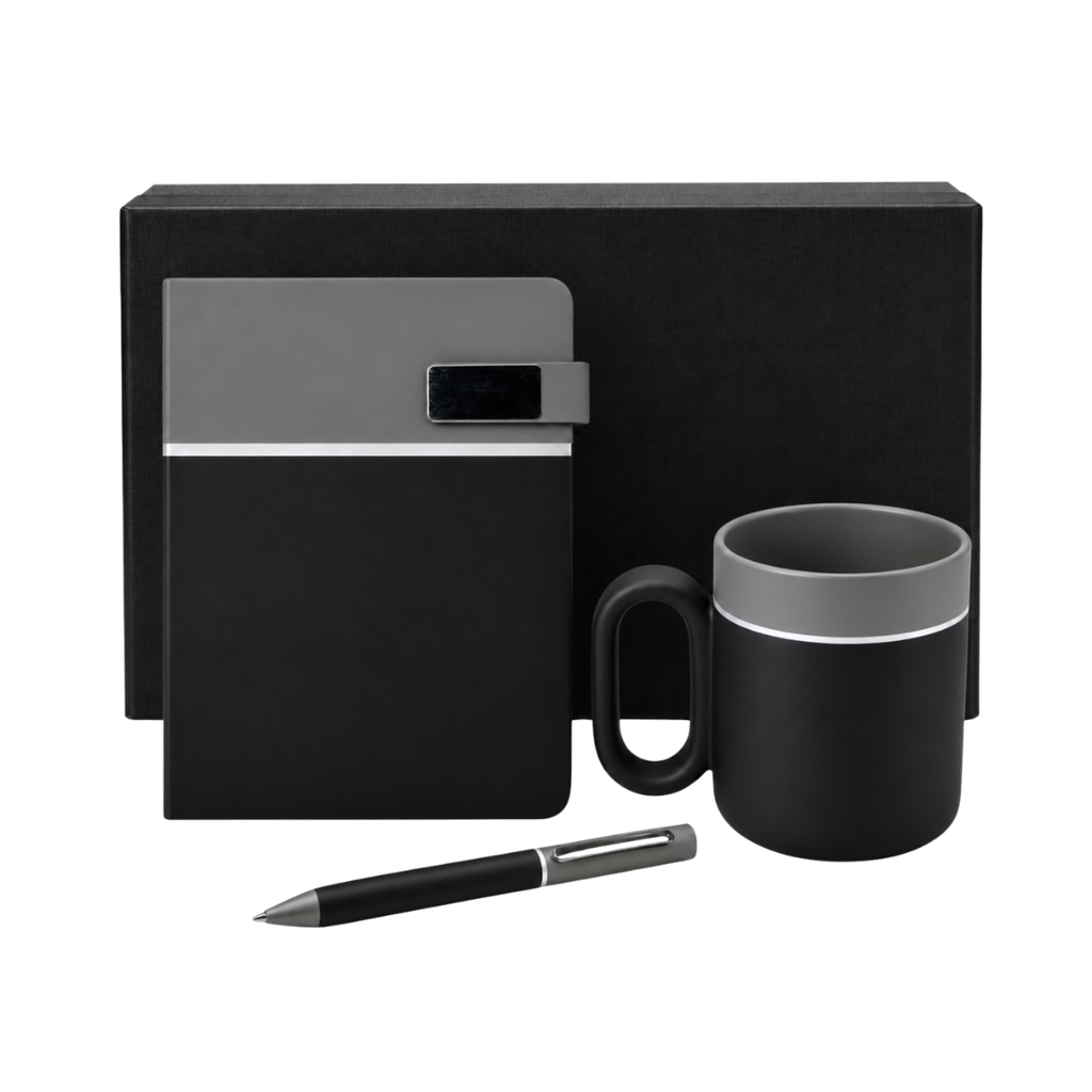 SET EJECUTIVO, CERÁMICA, NEGRO, 480 ml, Double de taza en set con agenda PU A5 y lapiceros de metal de cenefa gris en caja negra de regalo
