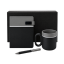 SET EJECUTIVO, CERÁMICA, NEGRO, 480 ml, Double de taza en set con agenda PU A5 y lapiceros de metal de cenefa gris en caja negra de regalo