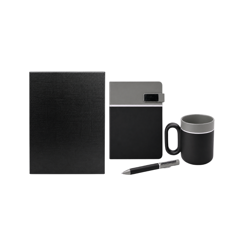 SET EJECUTIVO, CERÁMICA, NEGRO, 480 ml, Double de taza en set con agenda PU A5 y lapiceros de metal de cenefa gris en caja negra de regalo