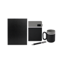 SET EJECUTIVO, CERÁMICA, NEGRO, 480 ml, Double de taza en set con agenda PU A5 y lapiceros de metal de cenefa gris en caja negra de regalo