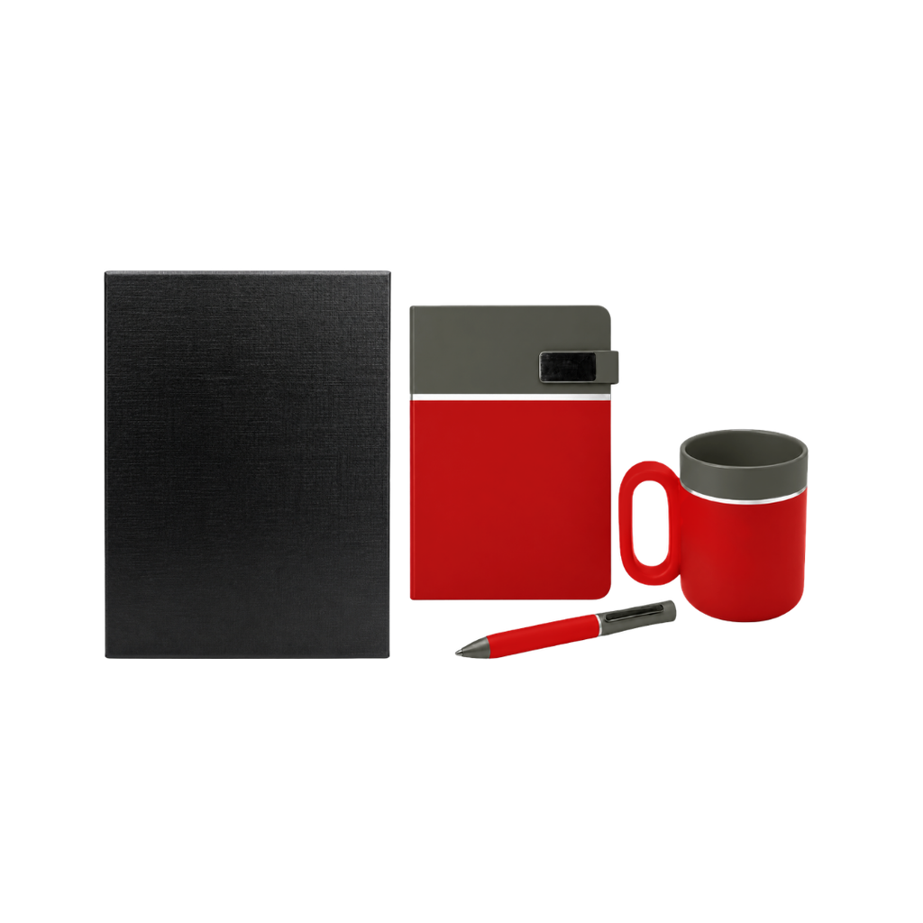 SET EJECUTIVO, CERÁMICA, ROJO, 480 ml, Double de taza en set con agenda PU A5 y lapiceros de metal de cenefa gris en caja negra de regalo