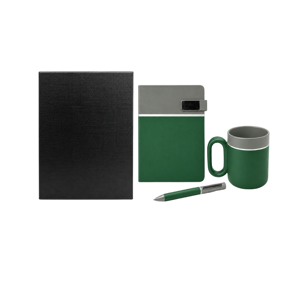 SET EJECUTIVO, CERÁMICA, VERDE, 480 ml, Double de taza en set con agenda PU A5 y lapiceros de metal de cenefa gris en caja negra de regalo