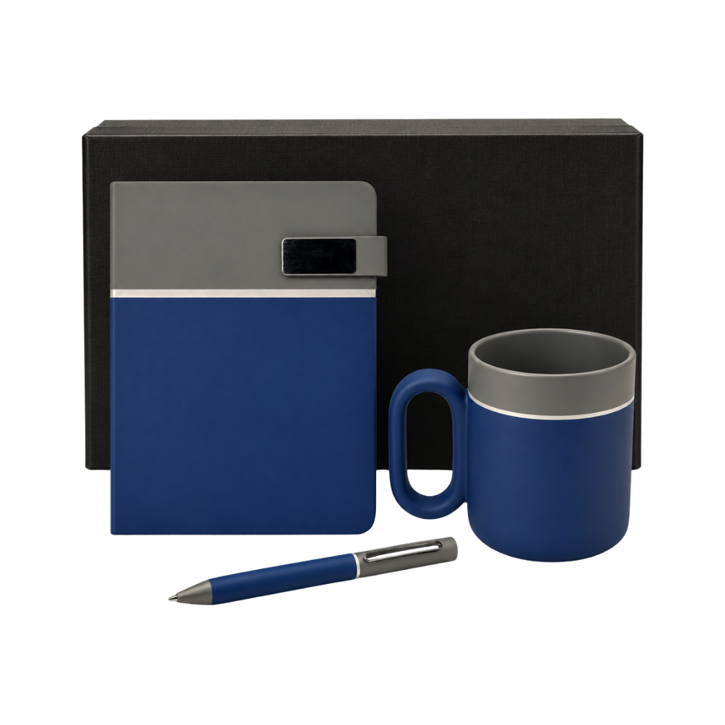 SET EJECUTIVO, CERÁMICA, AZUL OSCURO, 480 ml, Double de taza en set con agenda PU A5 y lapiceros de metal de cenefa gris en caja negra de regalo